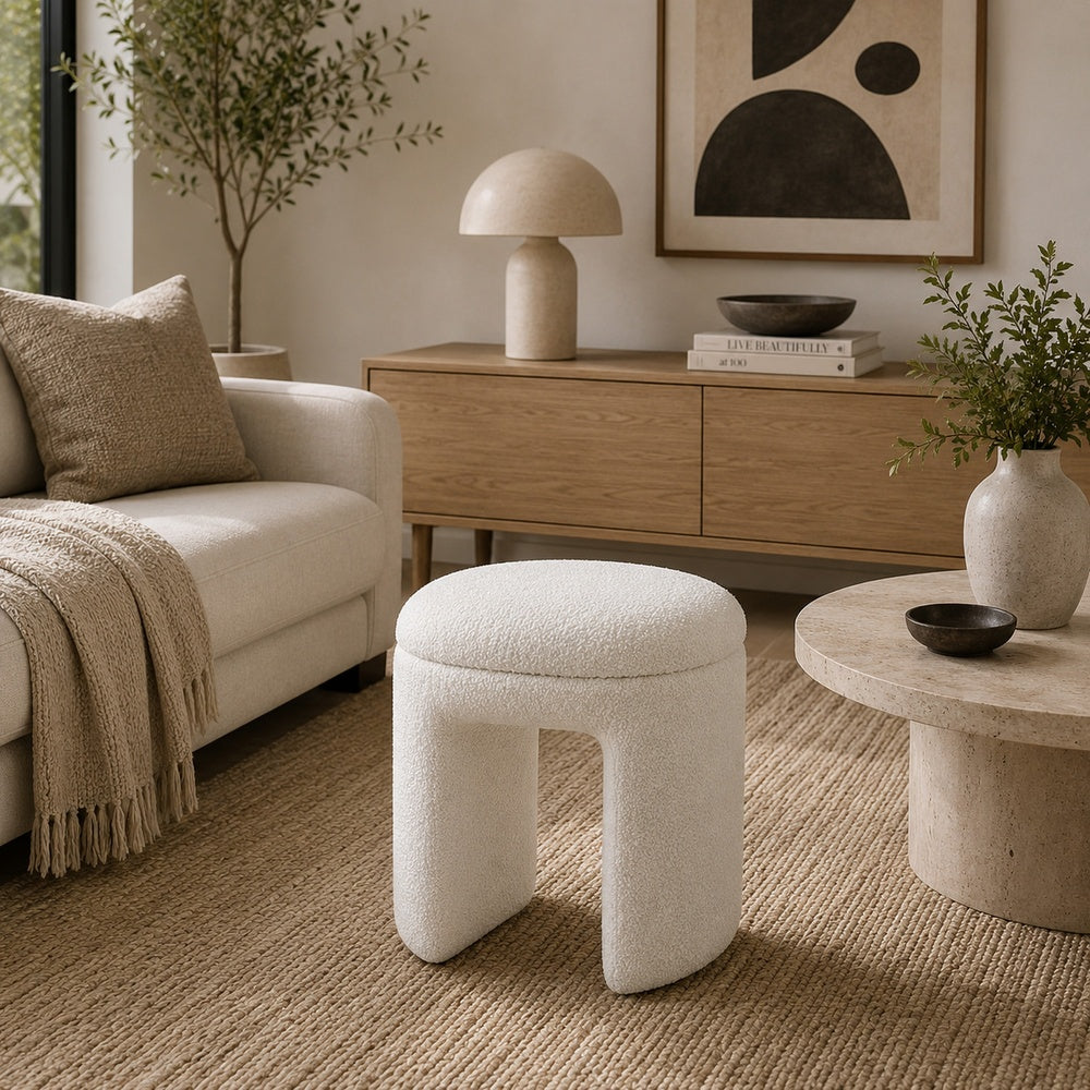 Janie Rounded Ottoman Stool with Open Frame Base | Beige Fabric