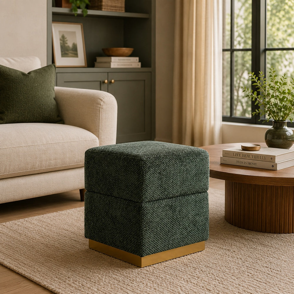 Kris Ottoman Stool with Hidden Storage | Gold Base | Green Chenille