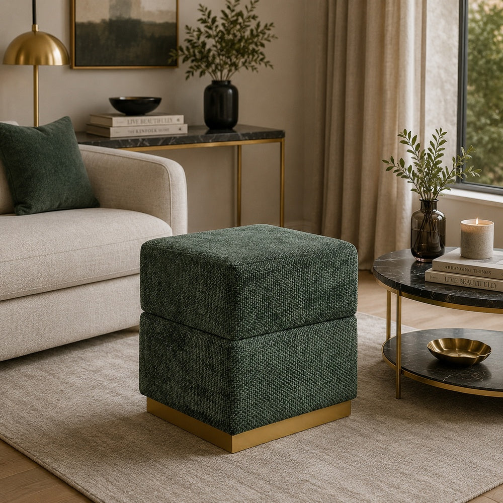 Kris Ottoman Stool with Hidden Storage | Gold Base | Green Chenille