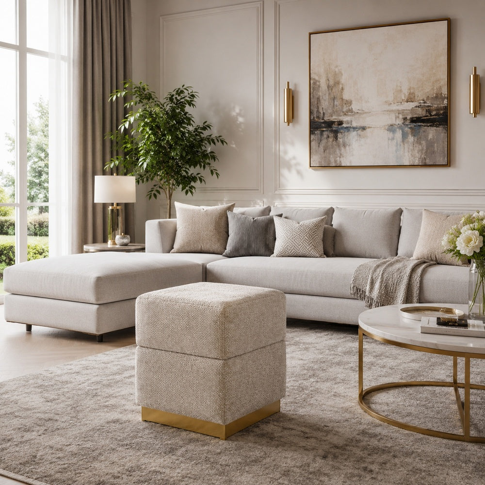 Kris Ottoman Stool with Hidden Storage | Gold Base | Silver Gray Chenille