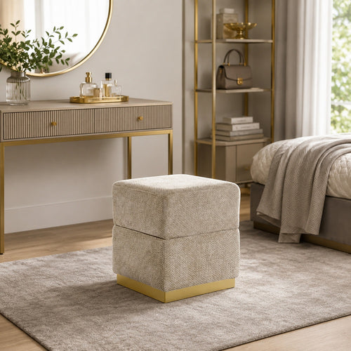Kris Ottoman Stool with Hidden Storage | Gold Base | Silver Gray Chenille