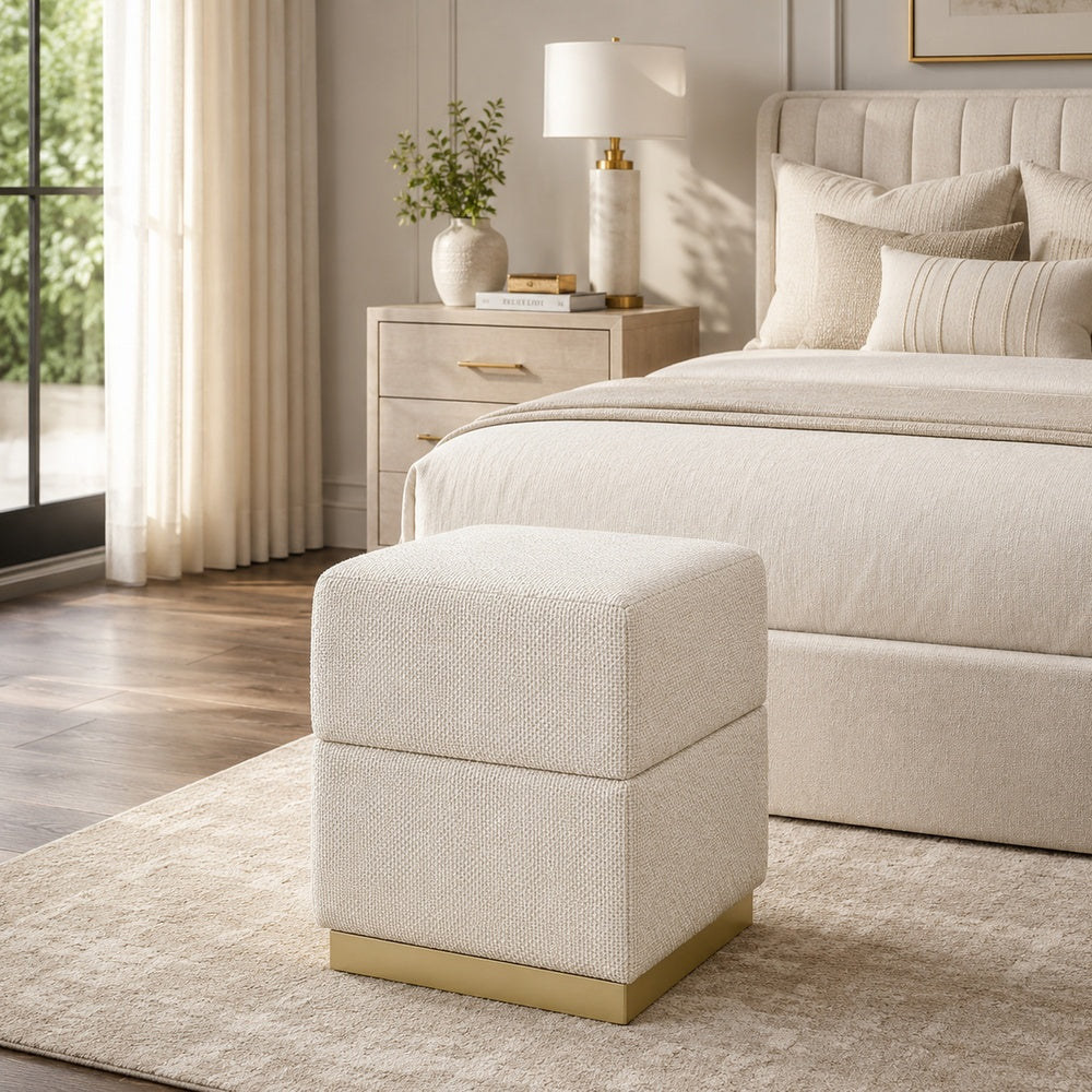 Kris Ottoman Stool with Hidden Storage | Gold Base | Beige Chenille