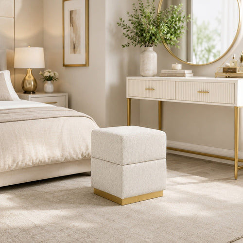 Kris Ottoman Stool with Hidden Storage | Gold Base | Beige Chenille