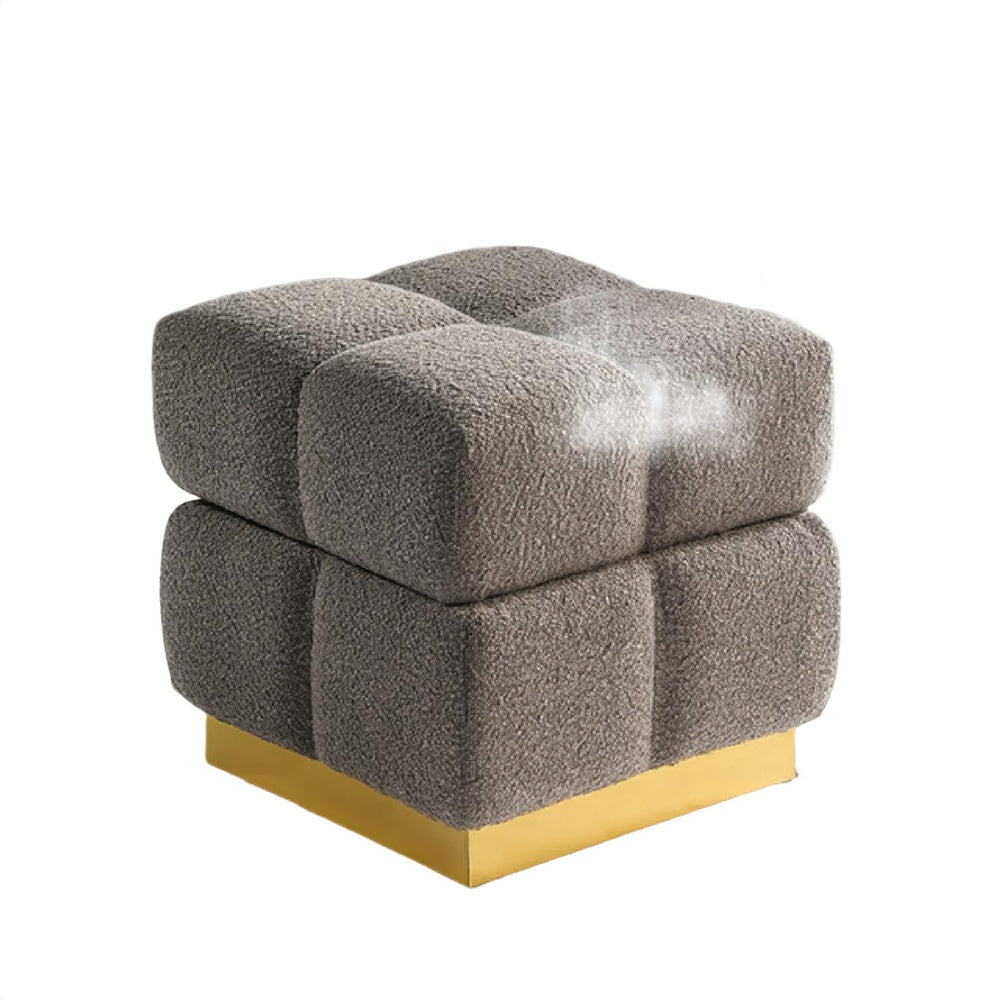 Anne Ottoman Stool with Storage | Gold Base | Gray Biscuit Tufted Fabric