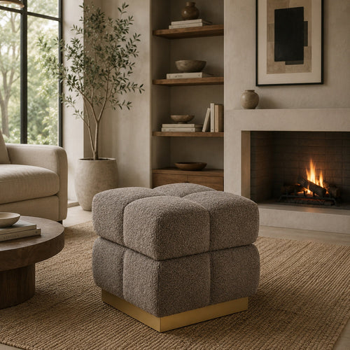 Anne Ottoman Stool with Storage | Gold Base | Gray Biscuit Tufted Fabric