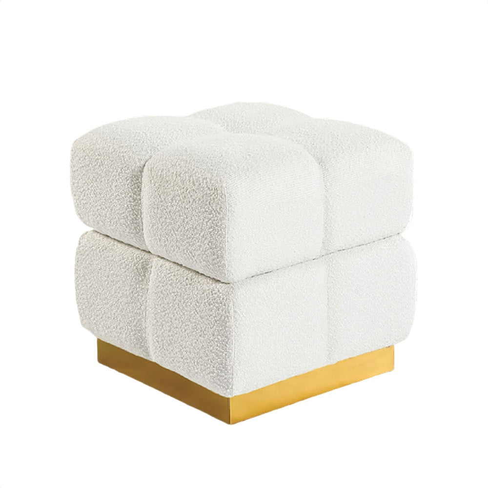 Anne Ottoman Stool with Storage | Gold Base | Beige Biscuit Tufted Fabric