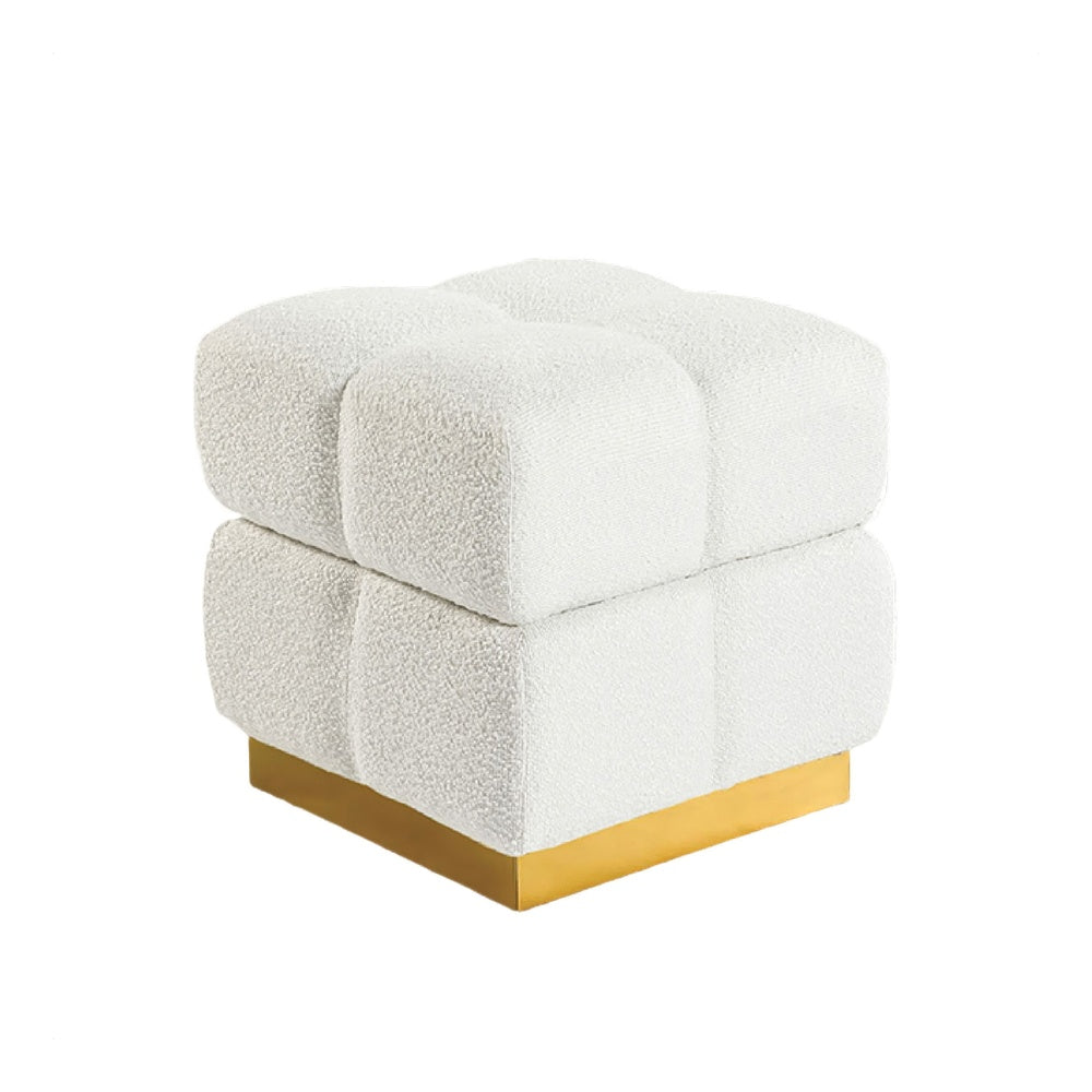 Anne Ottoman Stool with Storage | Gold Base | Beige Biscuit Tufted Fabric