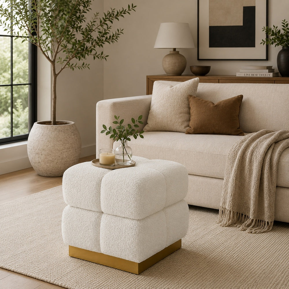 Anne Ottoman Stool with Storage | Gold Base | Beige Biscuit Tufted Fabric