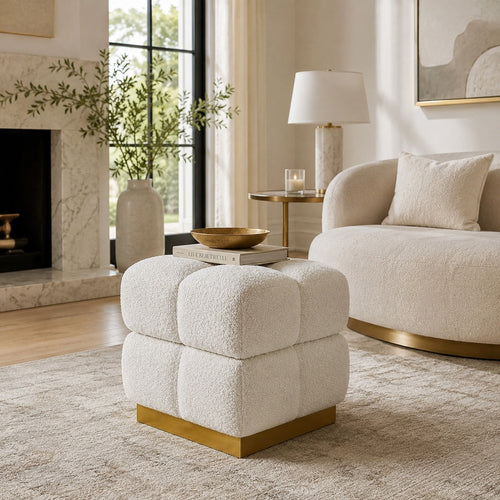 Anne Ottoman Stool with Storage | Gold Base | Beige Biscuit Tufted Fabric