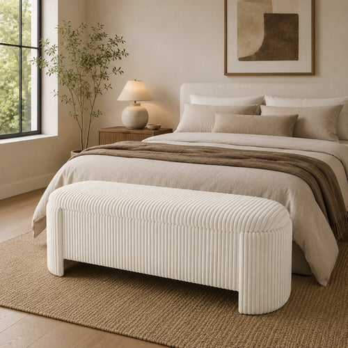 Greta Storage Bench with Ribbed Design | Hidden Storage | White Corduroy