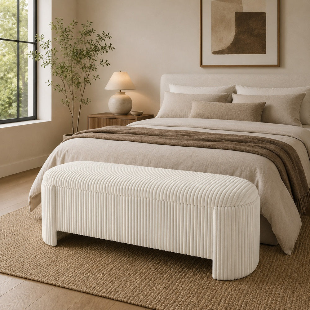Greta Storage Bench with Ribbed Design | Hidden Storage | White Corduroy