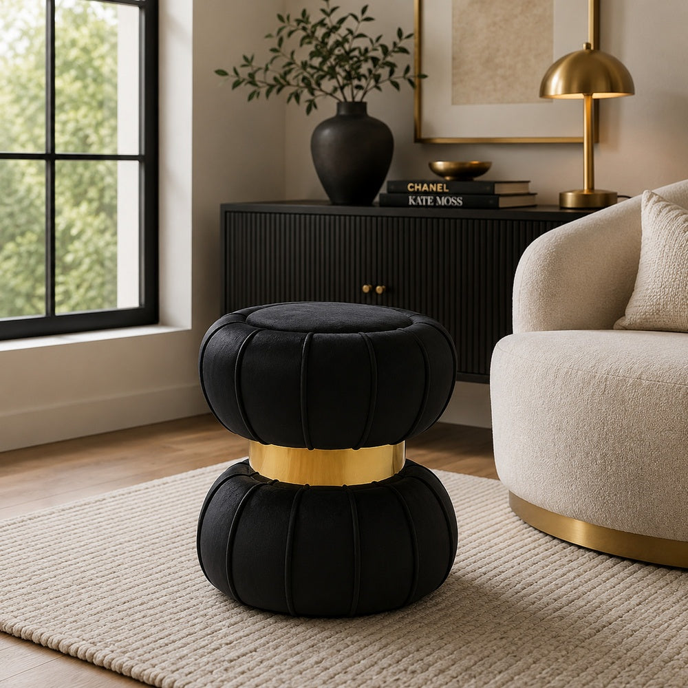 Penny Ottoman Stool with Gold Metal Trim | Bow-Tie Design | Black Velvet