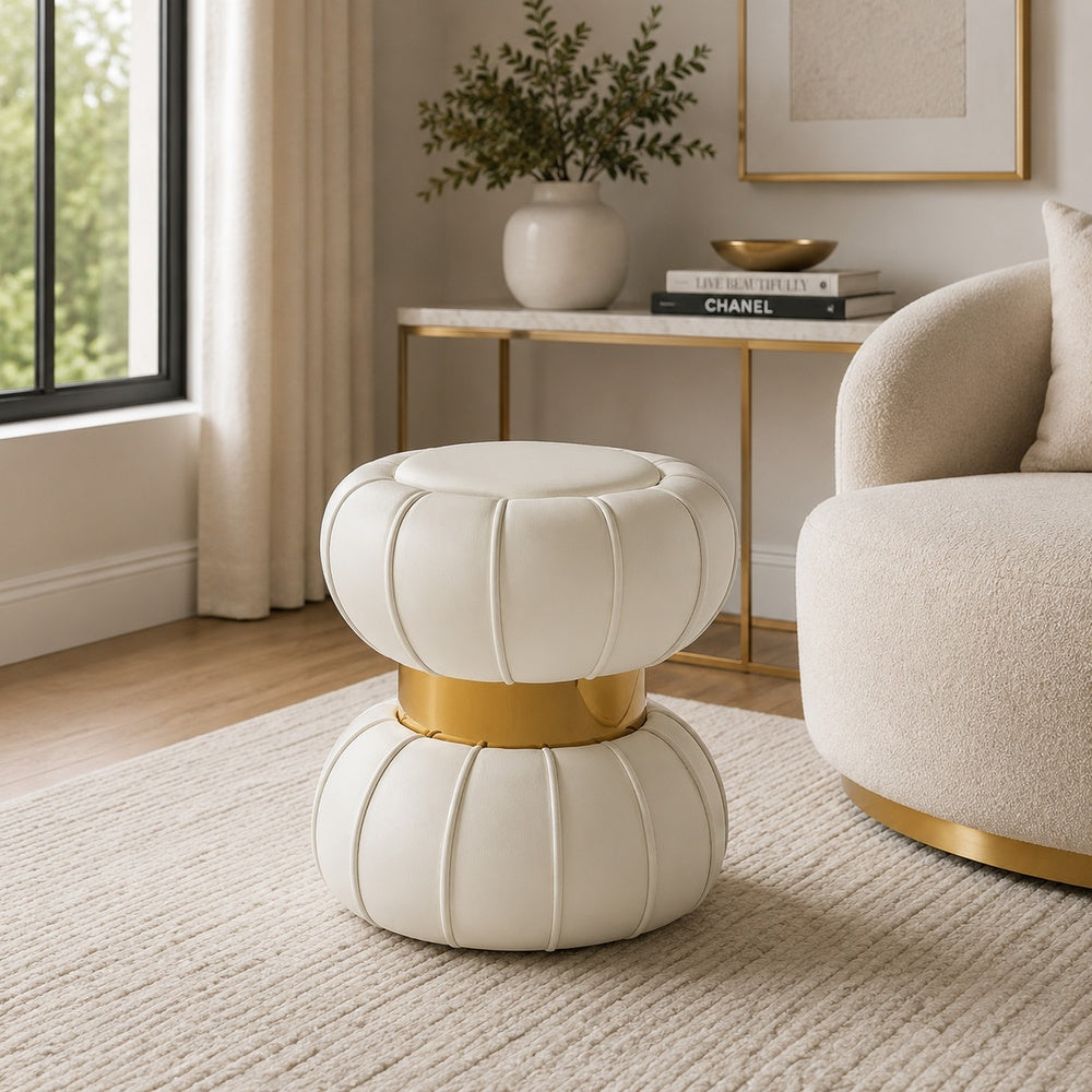 Penny Ottoman Stool with Gold Metal Trim | Bow-Tie Design | White Velvet