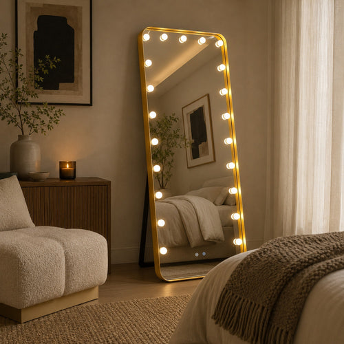 Samie LED Floor Mirror with Bluetooth | Touch Control | Gold Metal 32x71