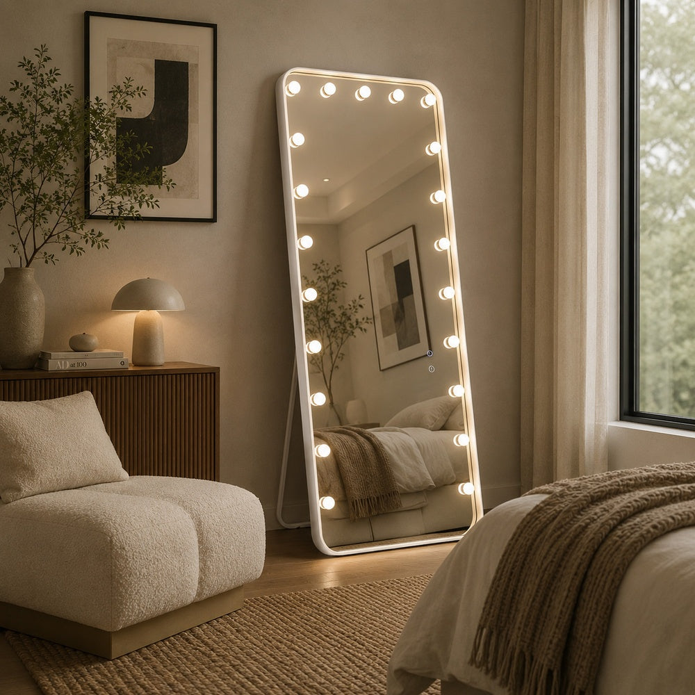 Samie LED Floor Mirror with Bluetooth | Touch Control | White Metal 32x71
