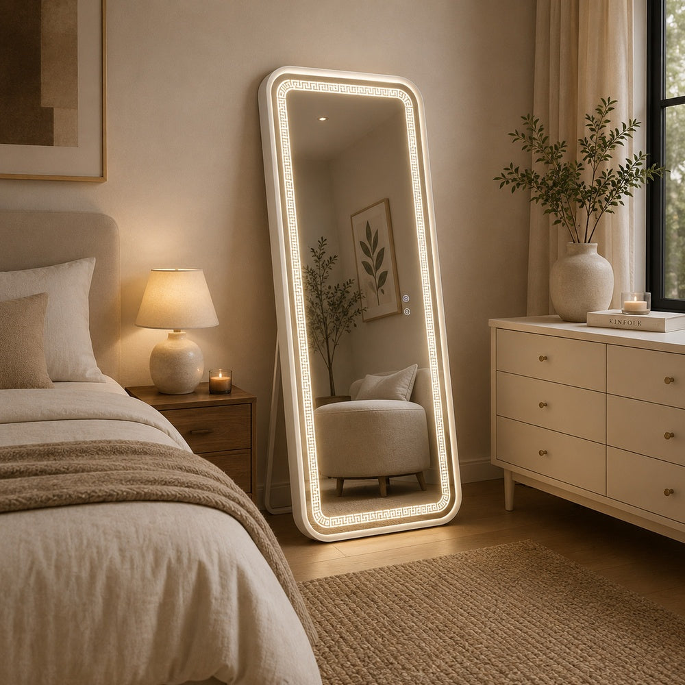 Madie Floor Mirror with LED Lights | Bluetooth Speaker | White Metal 32x71