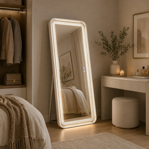 Madie Floor Mirror with LED Lights | Bluetooth Speaker | White Metal 32x71