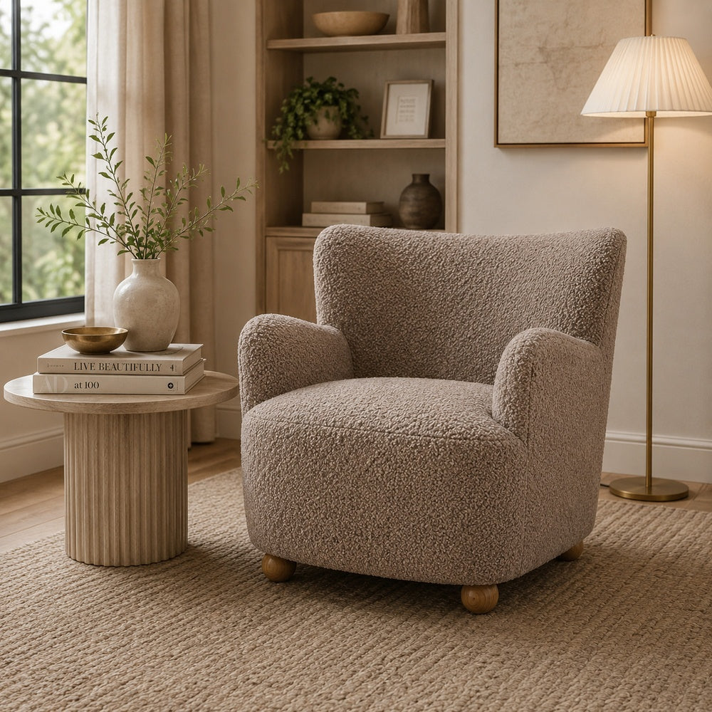 Mica Accent Chair with Sloped Arms | Wooden Ball-Feet | Mushroom Boucle