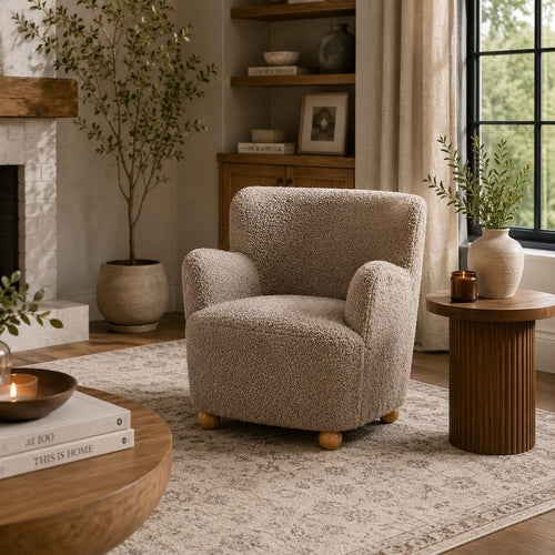 Mica Accent Chair with Sloped Arms | Wooden Ball-Feet | Mushroom Boucle