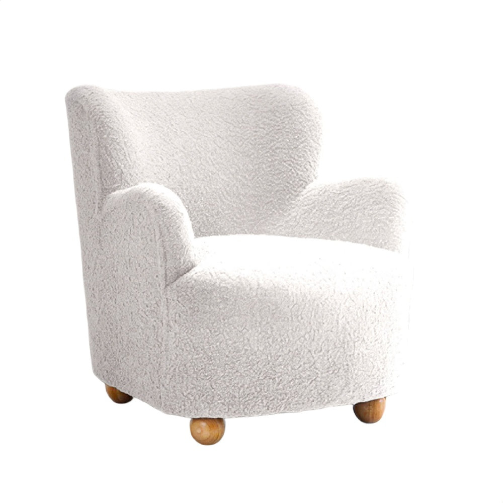Mica Accent Chair with Sloped Arms | Wooden Ball-Feet | White Boucle