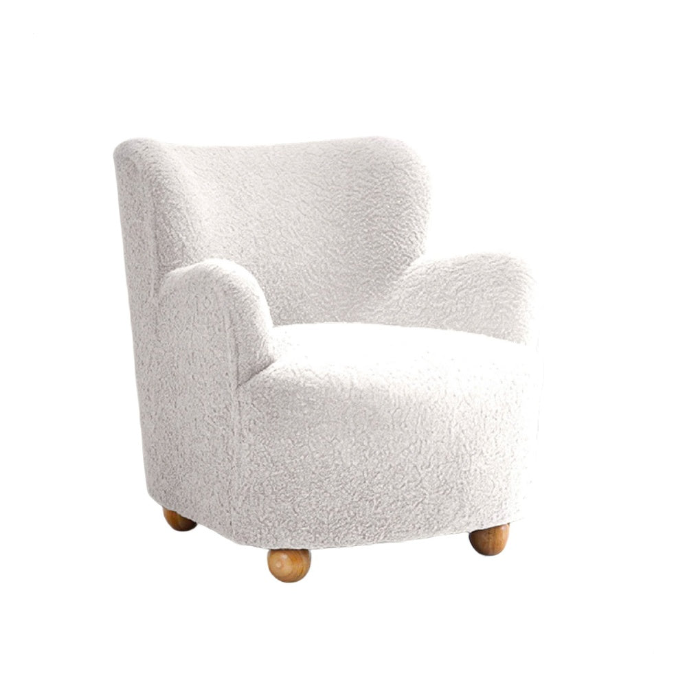 Mica Accent Chair with Sloped Arms | Wooden Ball-Feet | White Boucle