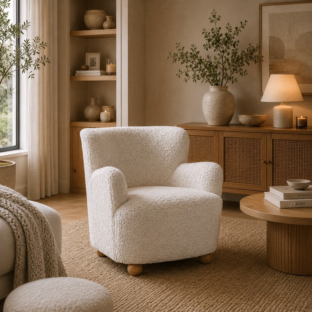Mica Accent Chair with Sloped Arms | Wooden Ball-Feet | White Boucle
