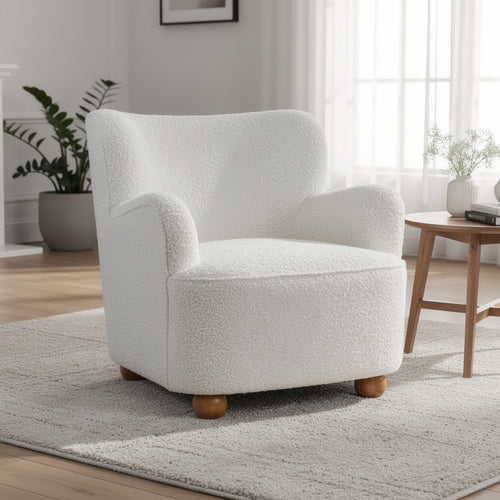 Mica Accent Chair with Sloped Arms | Wooden Ball-Feet | White Boucle
