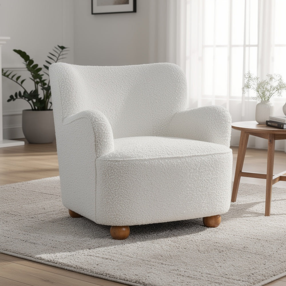 Mica Accent Chair with Sloped Arms | Wooden Ball-Feet | White Boucle