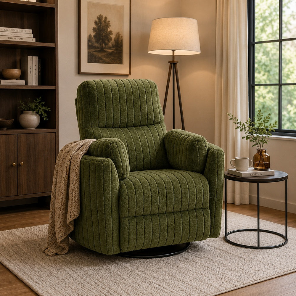 Bela Power Glider Recliner Swivel Chair | Eucalyptus Wood | Green Fabric