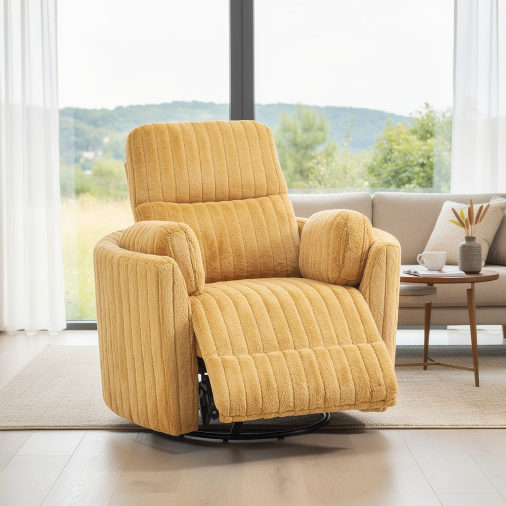 Bela Power Glider Recliner Chair with Swivel | Eucalyptus Wood | Yellow Fabric