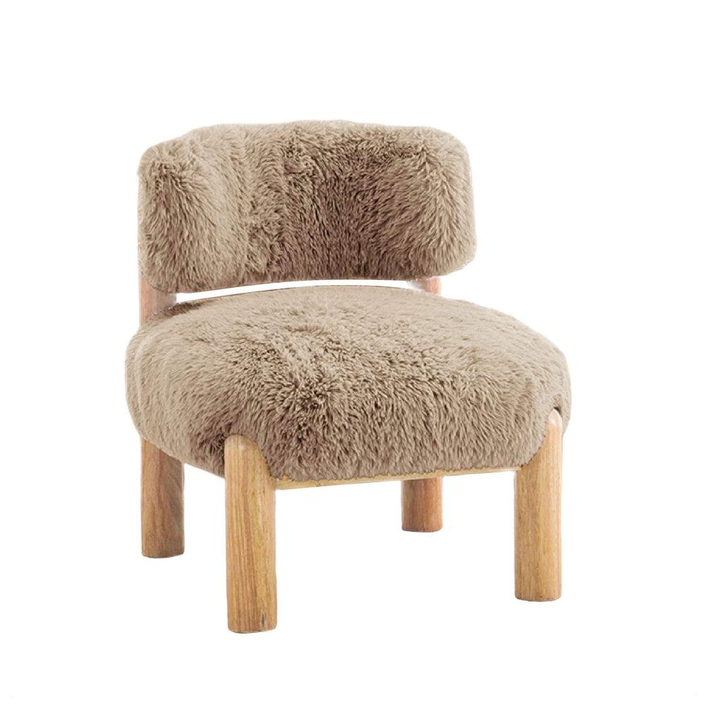 Alco Contoured Accent Chair with Natural Wood Legs | Mushroom Brown Faux Fur