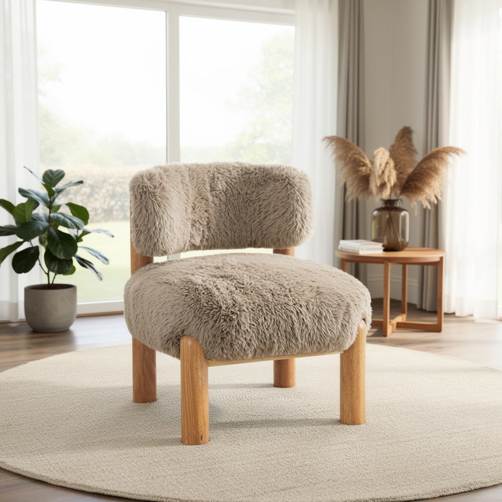 Alco Contoured Accent Chair with Natural Wood Legs | Mushroom Brown Faux Fur