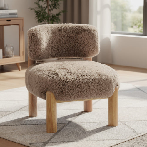 Alco Contoured Accent Chair with Natural Wood Legs | Mushroom Brown Faux Fur