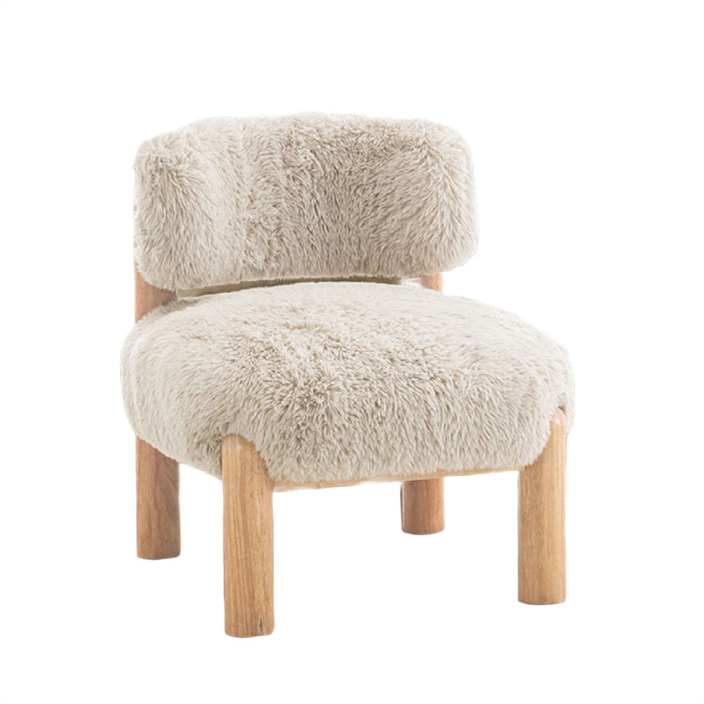 Alco Contoured Accent Chair with Natural Wood Legs | Taupe Brown Faux Fur