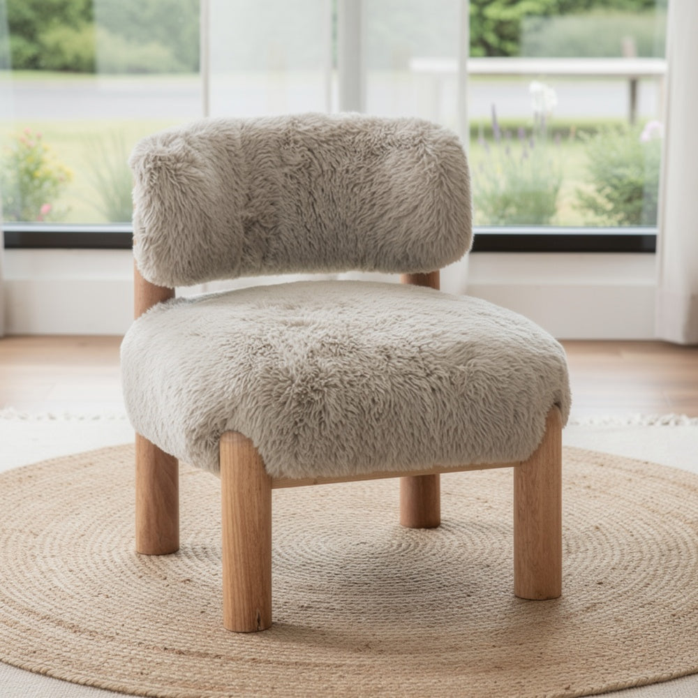 Alco Contoured Accent Chair with Natural Wood Legs | Taupe Brown Faux Fur