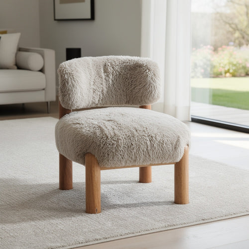 Alco Contoured Accent Chair with Natural Wood Legs | Taupe Brown Faux Fur