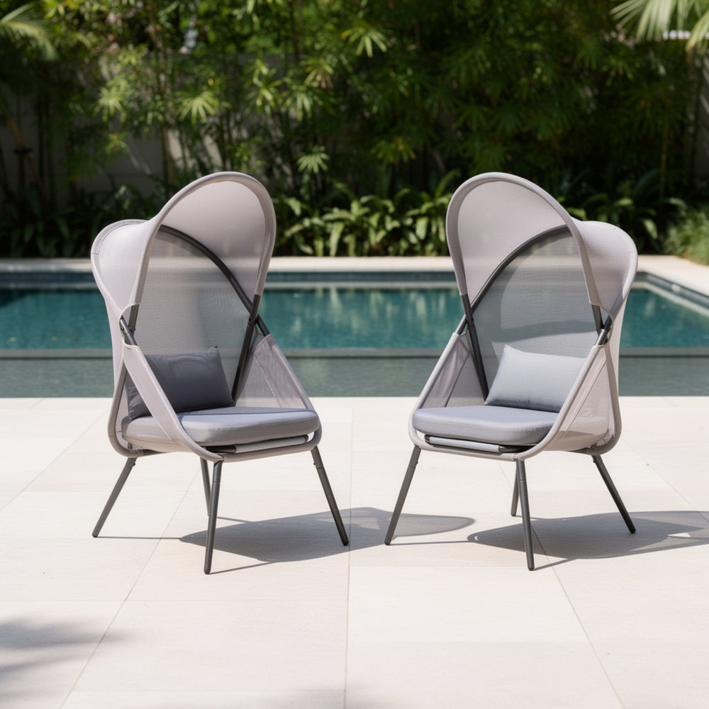 Avery Foldable Mesh Lounge Chair | Set of 2 | Gray Cushion | Black Metal