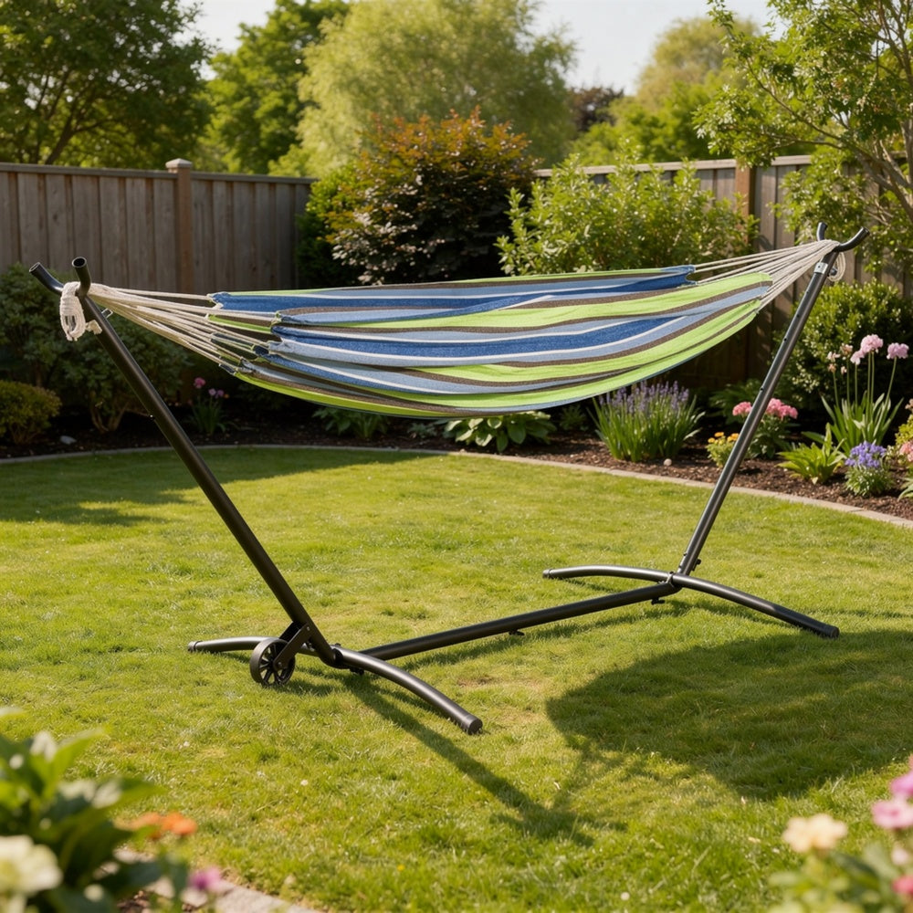 Joena Outdoor Hammock St& with Angled Frame | Black Steel 130"