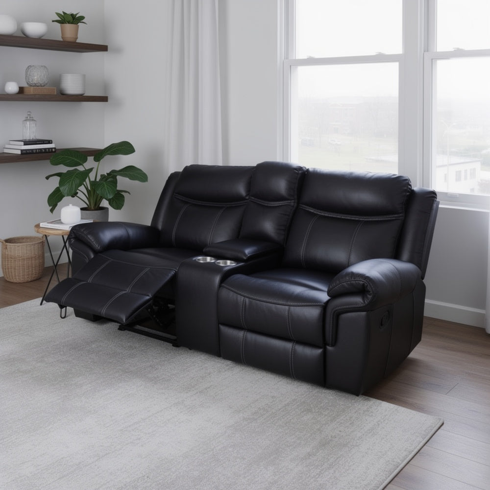Arisa Manual Reclining Loveseat | Console & Cupholders | Black Faux Leather 79"
