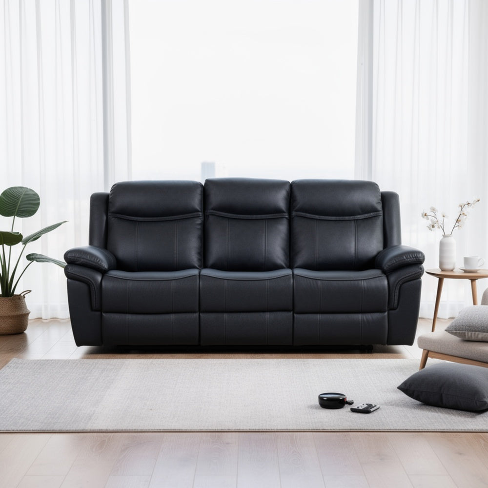 Arisa Manual Reclining Sofa | Drop-Down Table | Black Faux Leather 87"