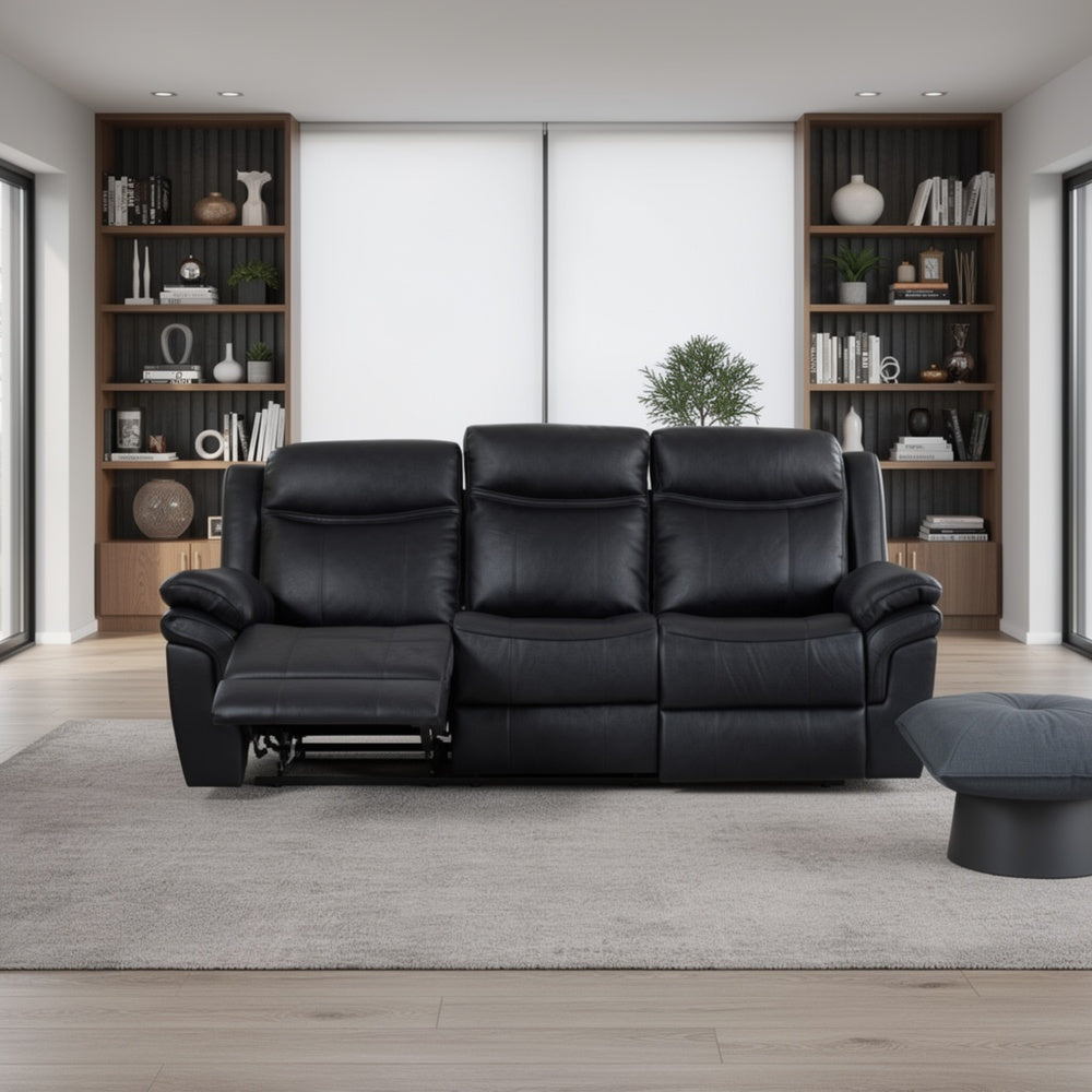 Arisa Manual Reclining Sofa | Drop-Down Table | Black Faux Leather 87"