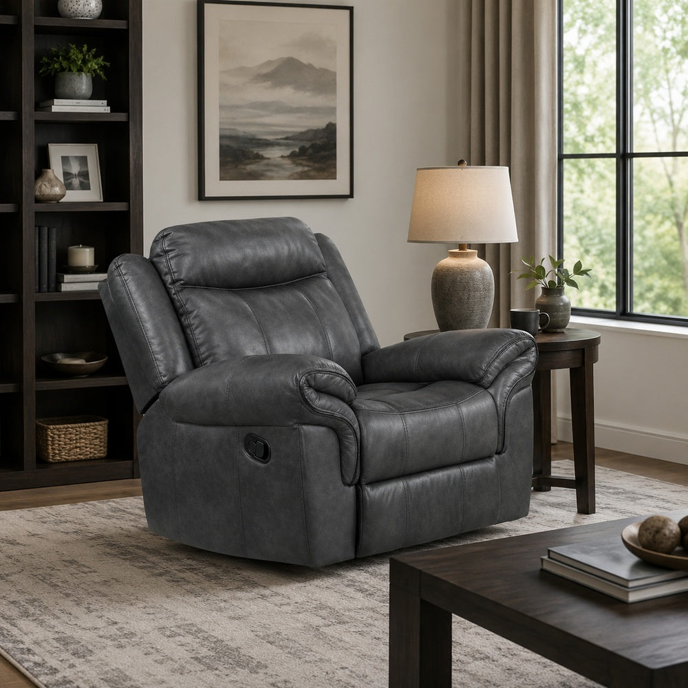 Arisa Manual Glider Recliner Chair w Wood Frame | Dark Gray Faux Leather