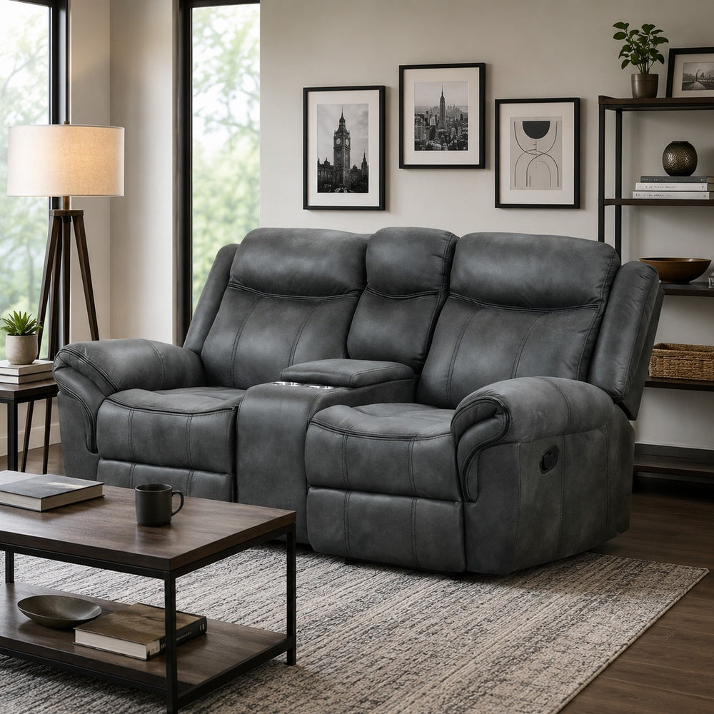 Arisa Manual Reclining Loveseat w Console | Dark Gray Faux Leather 79"