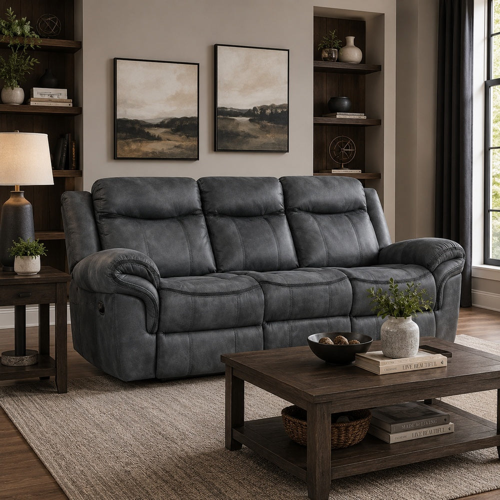 Arisa Manual Reclining Sofa | Drop-Down Table | Gray Faux Leather 87"