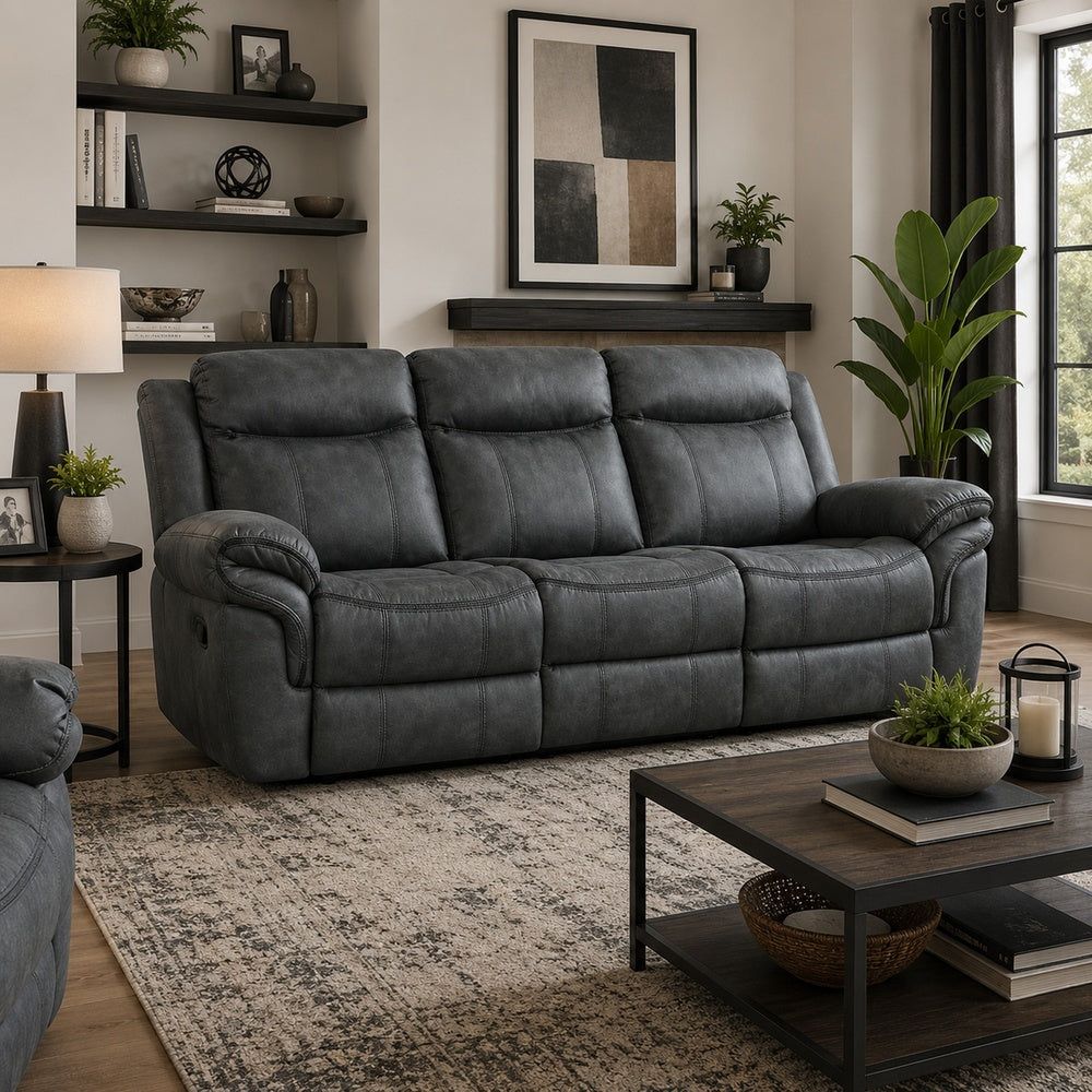 Arisa Manual Reclining Sofa | Drop-Down Table | Gray Faux Leather 87"