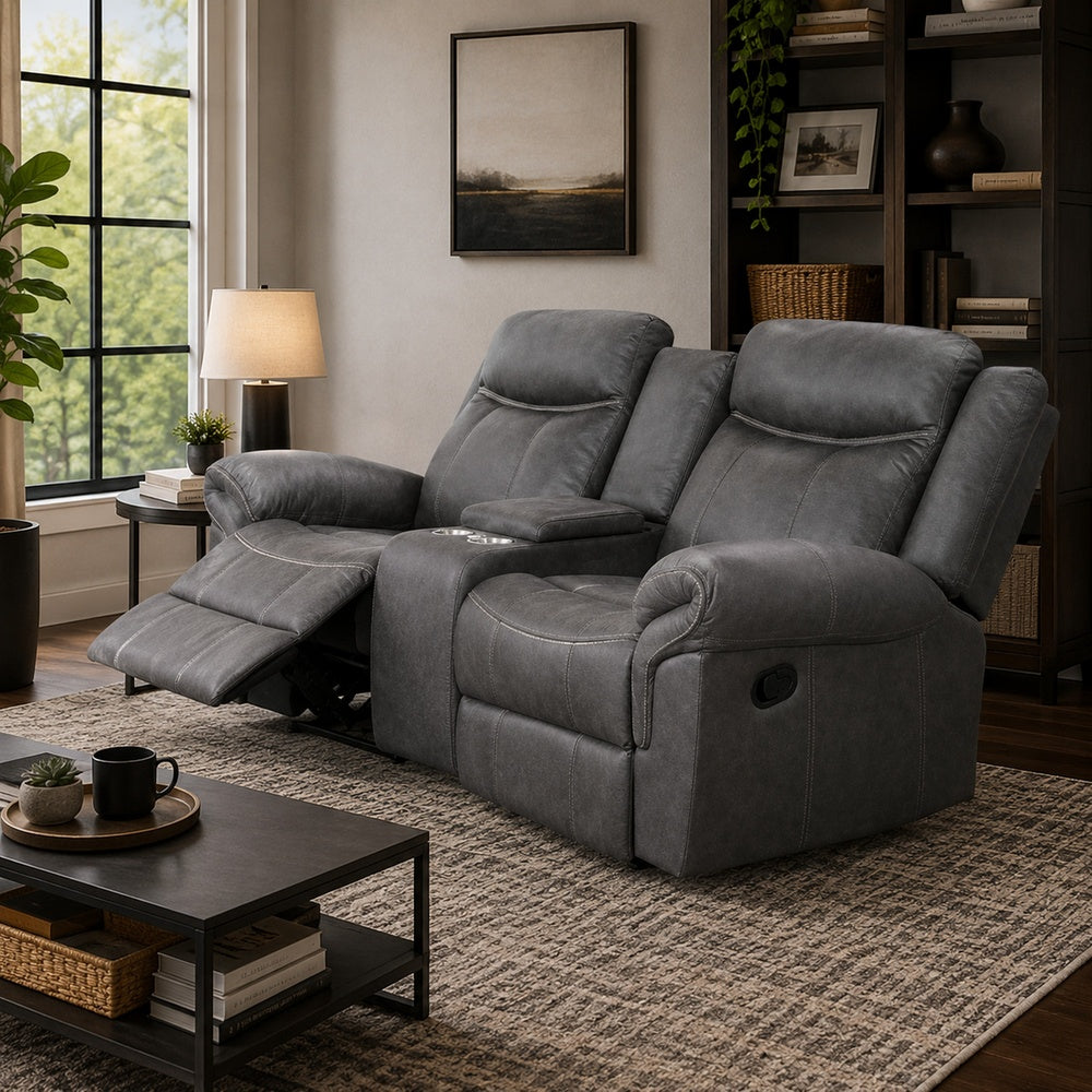 Arisa Manual Reclining Loveseat | Console | Gray Faux Leather 79"