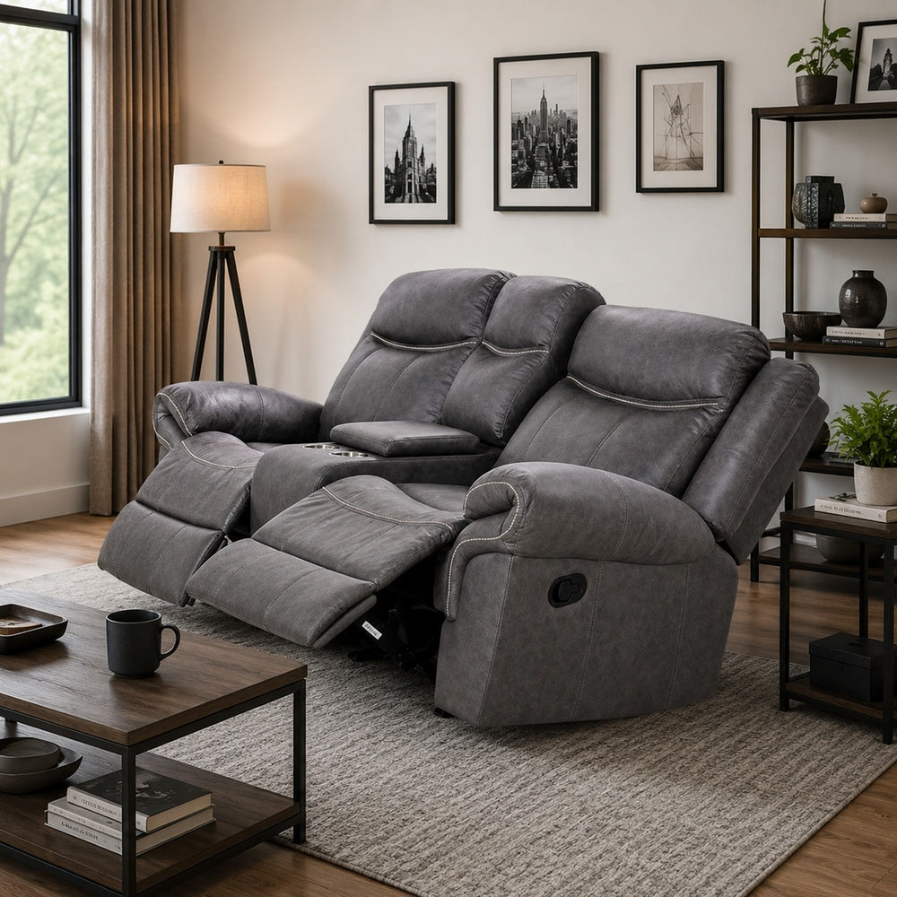 Arisa Manual Reclining Loveseat | Console | Gray Faux Leather 79"