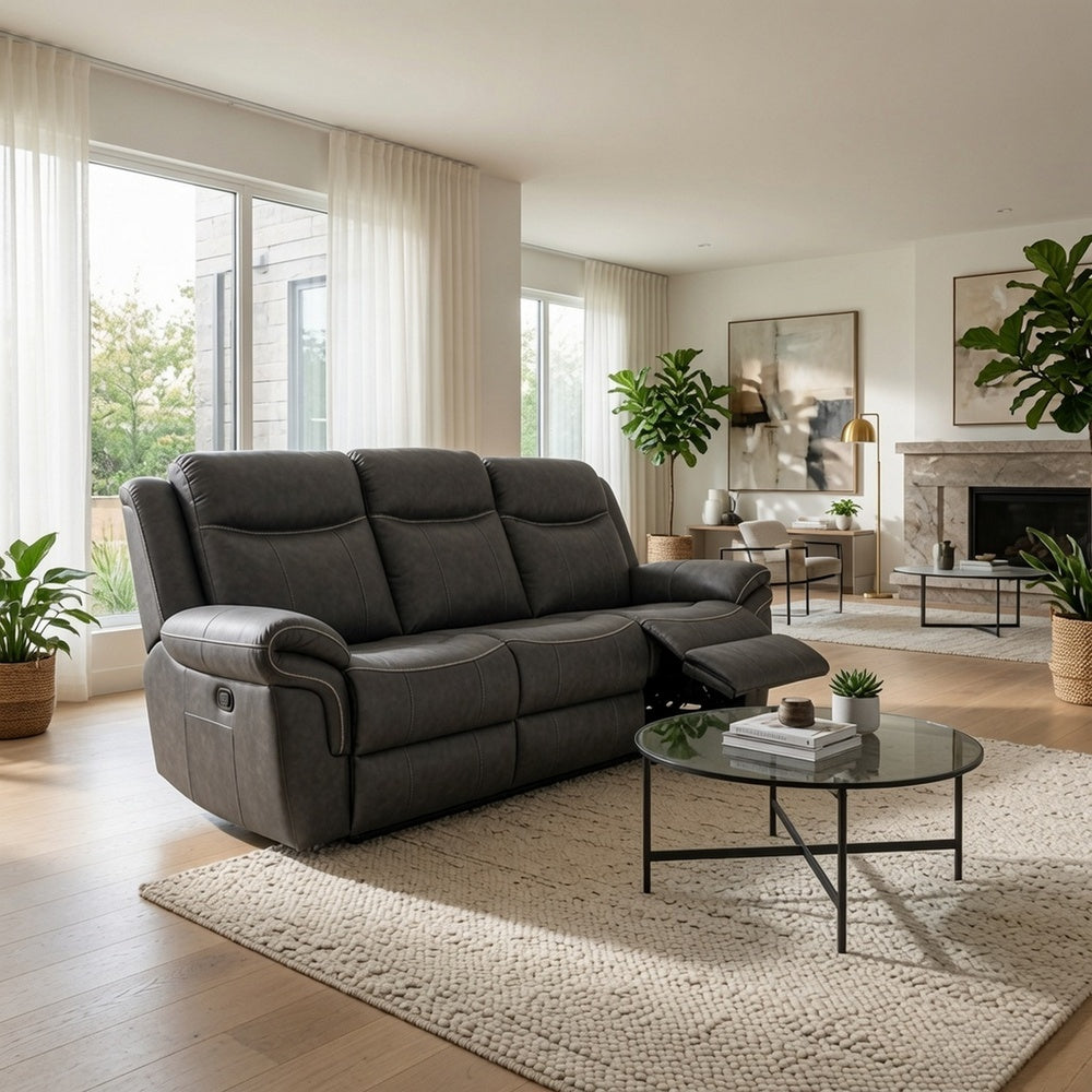 Arisa Manual Reclining Sofa | Drop-Down Table | Gray Faux Leather 87"