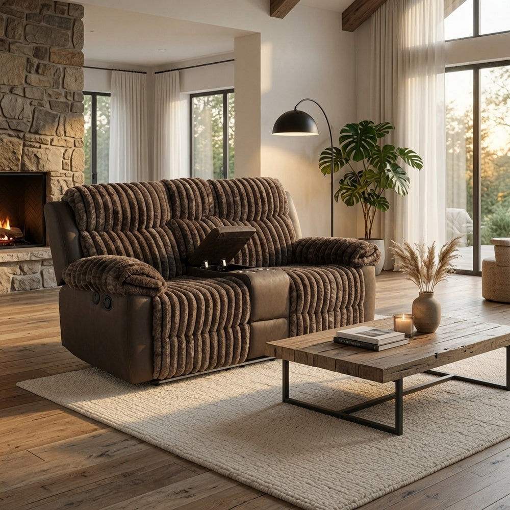 Jeya Manual Recliner Loveseat with Console | Brown Faux Fur Fabric | 73"