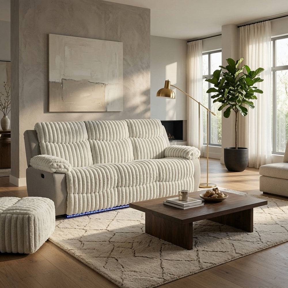 Jeya Manual Recliner Sofa | Plush Wide Wale Faux Fur | Light Gray | 83"